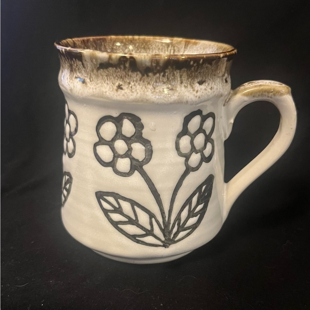 Vintage Stoneware Embossed Coffee Mug Drip Glaze Japan